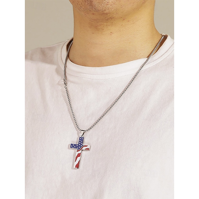 Men's American Flag Cross Pendant Necklace – Gold & Silver Tone with USA Flag Design, Stylish and Trendy for Casual & Statement Wear3