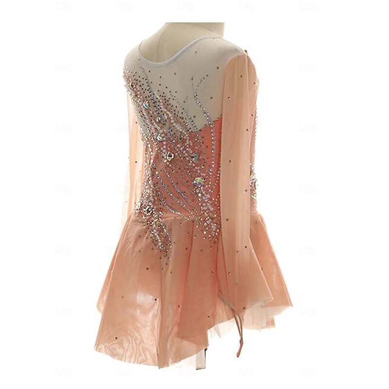 Figure Skating Dress Women's Girls' Ice Skating Dress Orange Patchwork Thumbhole Mesh Spandex Stretchy Training Practice Professional Skating Wear Thermal Warm Crystal / Rhinestone Long Sleeve Ice2