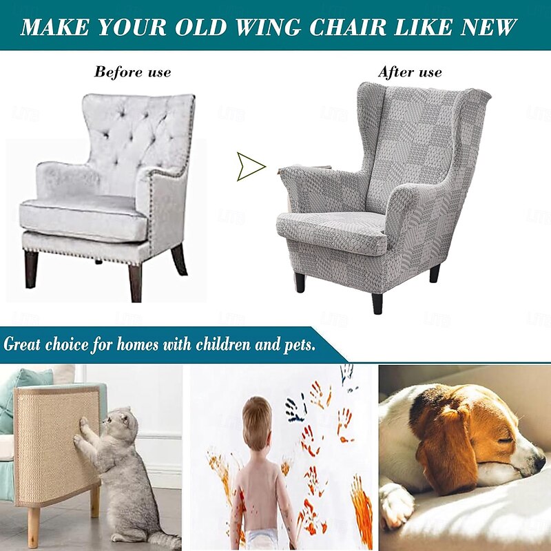 Jacquard Wingback Chair Slipcover - 2 Piece Stretch Jacquard Wing Chair Covers With Thick Arms And Elastic Bottom2