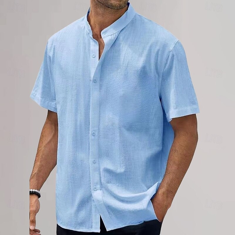 Men's Cotton Linen Shirt Plain Vacation Black White Sky Blue Khaki Short Sleeve Grandad Collar Summer Clothing Apparel3
