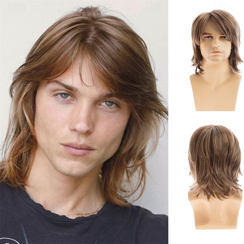 Short Brown Wig for Mens Light Brown Layered Natural Fluffy Synthetic Hair Wig for Daily Party