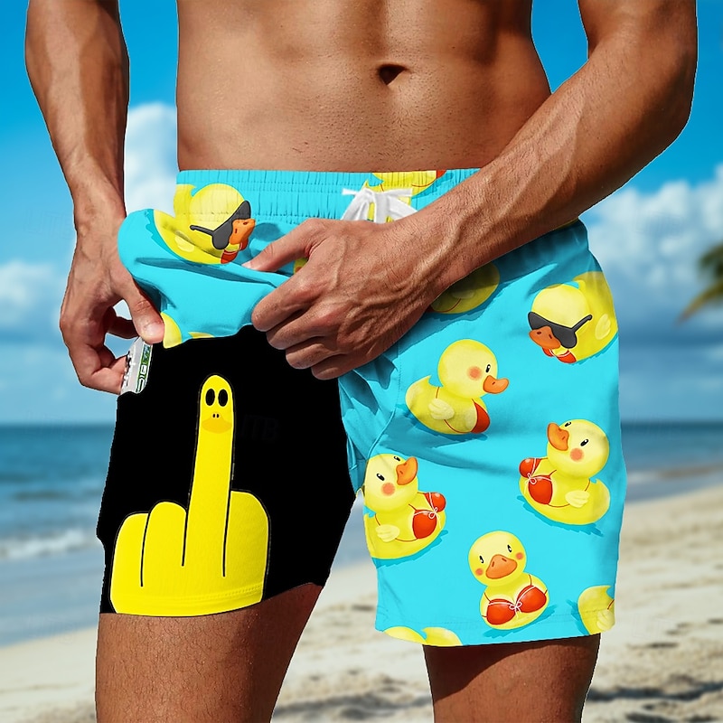 Men's Little Yellow Duck Funny Lined Shorts 2 in 1 Board Shorts Swim Shorts Mid Waist Hawaiian Holiday Beach Wear Side Pockets With Compression Liner Elastic Drawstring Waist Designer Clothing Apparel3
