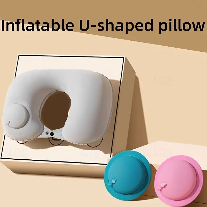 U-Shaped Inflatable Pillow, Nylon Fabric Snap Closure, Hand Washable, All-Season Comfort for Multi-Position Sleeping, Space-Themed Office & Outdoor Tent Pillow