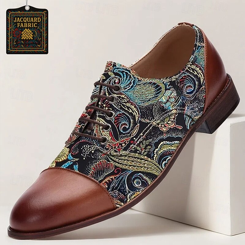 Men's Paisley Print Oxford Shoes with Faux Leather Toe Cap and Heel – Retro Style Lace-Up Dress Shoes for Formal Occasions