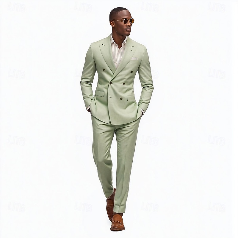 Men's Wedding Casual Suits Peaked Lapel Sage Fashion Solid Colored Standard Fit 2 Piece Double Breasted Six-buttons2