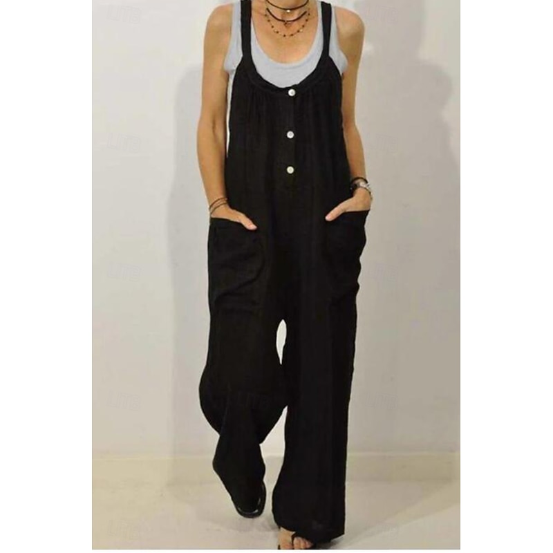 Women's Normal Linen-Inspired Pants Casual Solid Color Sleeveless U Neck Buttons Pocket Street Going out Regular Fit Black Khaki Summer