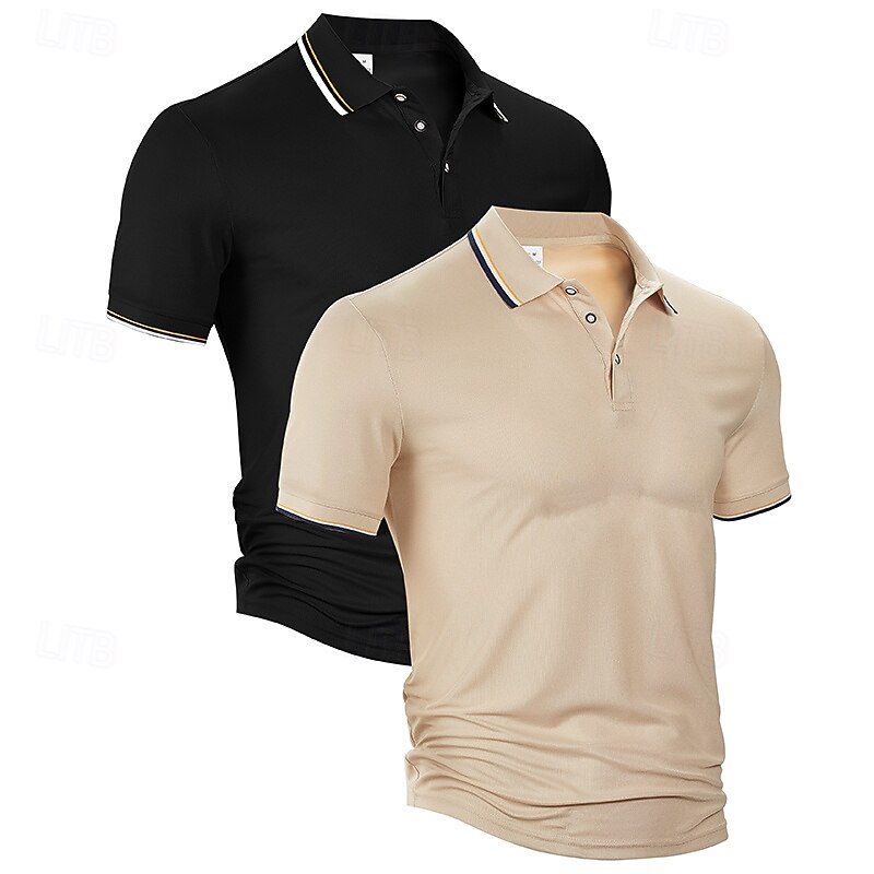 Multi Packs 2pcs Men's Lapel Short Sleeves Green+White Button Up Polos Golf Shirt Golf Polos Shirts Buttons Plain Vacation Daily Wear Polyester Summer2