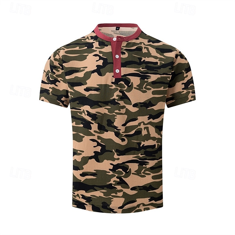 Men's T Shirt Henley Shirt Tee Short Sleeve Shirt Short Sleeve Crewneck Summer Camo / Camouflage Fashion Designer Basic Graphic Vacation Street Going out Dark Green Light Grey Military Green Top Tee2