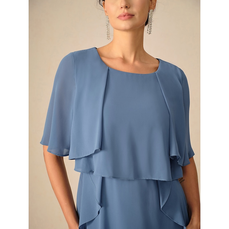 Women's Wedding Guest Cocktail Dress Ruffle  Elegant Layered Midi Summer Spring Dress Crew Neck Half Sleeve Midi Dress Blue4