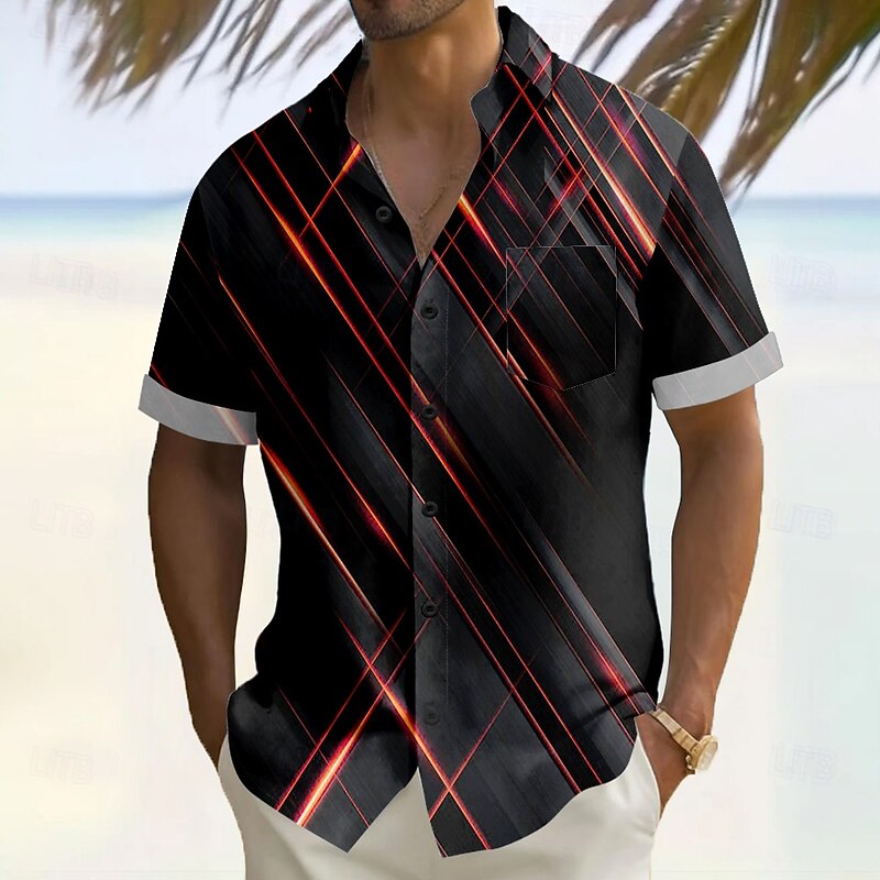 Men's Geometric Striped Gradient Color Shirt Summer Shirt Button Up Shirt Short Sleeve Fashion Casual Vacation Holiday Streetwear Summer Turndown 3D Print Front One Pocket Linen Like Shirt Yellow3