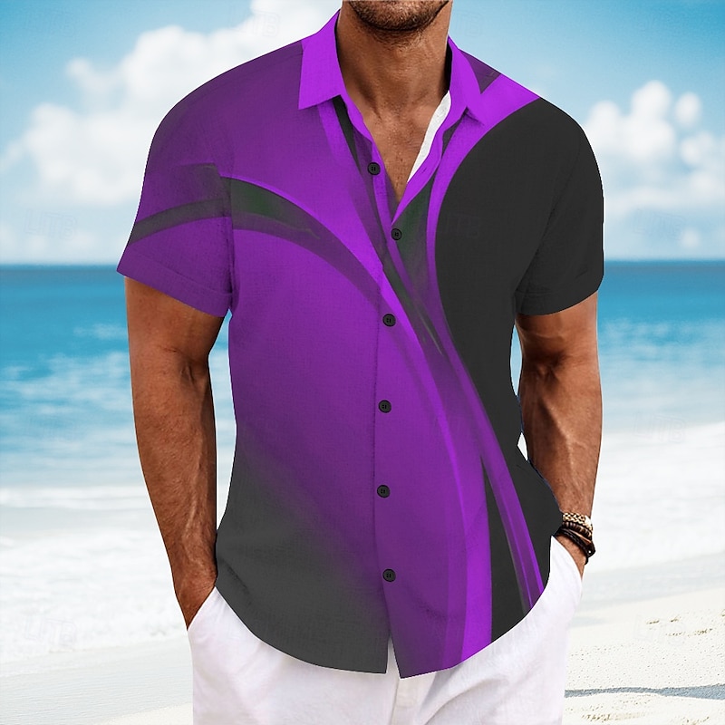 Men's Geometric Gradient Color Line Shirt Summer Shirt Button Up Shirt Short Sleeve Fashion Casual Vacation Dailywear Beach Wear Summer Spring Turndown 3D Print Linen Like Shirt Yellow Blue Purple2