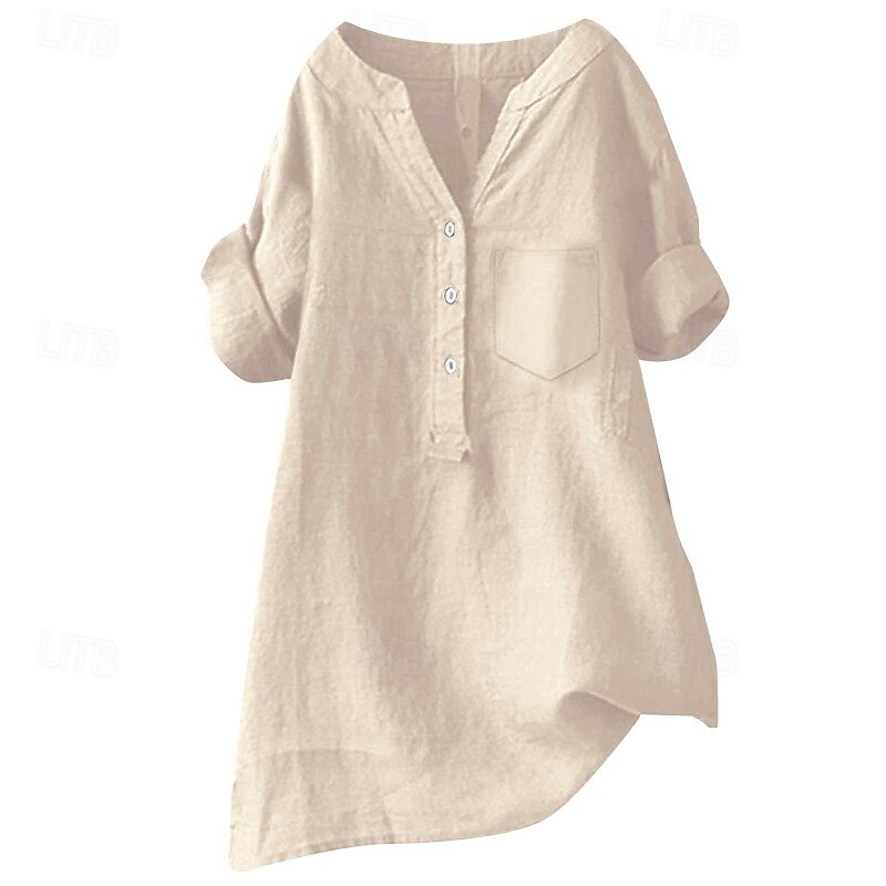 Women's Shirt Cotton Linen Shirts Blouse Plain Modern Casual Long Sleeve V Neck Regular Tops Daily Holiday Going out Buttons Pocket Black White Army Green Beige Summer4