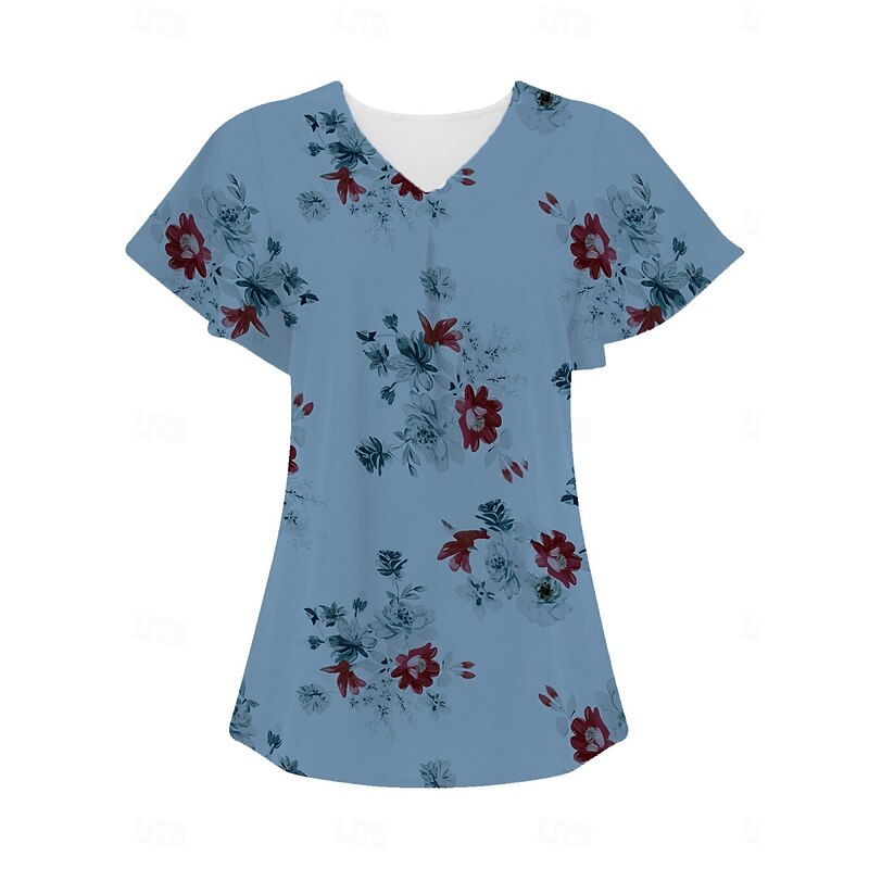 Women's Blouse Summer Tops Floral Stylish Casual Short Sleeve V Neck Regular Tops Daily Print White Blue Gray Light Blue Summer Spring4