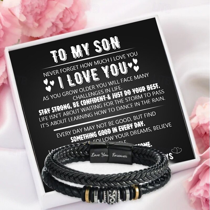 To My Son Bracelet, Stainless Steel and Leather Bracelet for Men, Christmas Gift for Son Laser Engraved Love You Forever Triple-Layer Braided Multilayer Wristband3