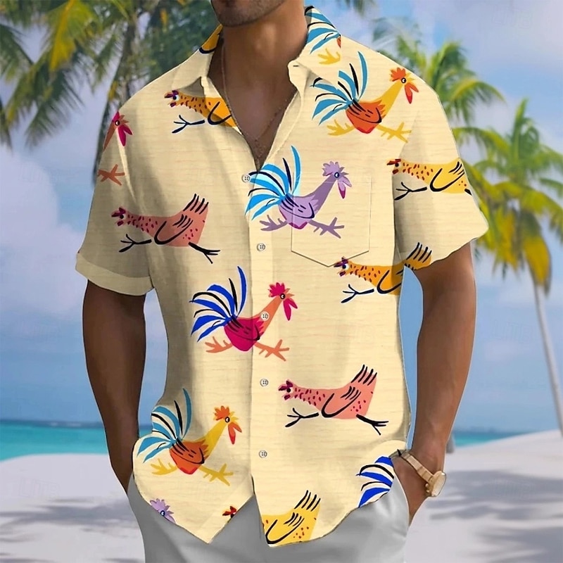 Men's Animal Rooster Funny Shirt Summer Hawaiian Shirt Button Up Shirt Short Sleeve Hawaiian Vacation Holiday Beach Wear Summer Spring Turndown 3D Print Collared Shirts Front One Pocket Yellow
