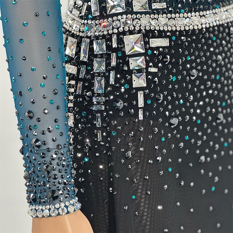 Figure Skating Dress Women's Girls' Ice Skating Dress Lake Blue Patchwork Asymmetric Hem Mesh High Elasticity Training Competition Skating Wear Classic Crystal / Rhinestone Long Sleeve Ice Skating4