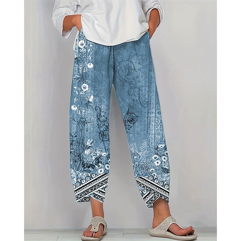 Women's Pants Trousers Harem Pants Ethnic Boho Full Length Mid Waist Flower / Floral Elastic Waist Breathable Comfortable Micro-elastic Street Daily Wear Going out Blue Blue Green Khaki Summer3