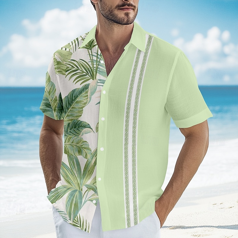 Men's Striped Tropical Palm Tree Guayabera Shirt Summer Hawaiian Shirt Button Up Shirt Short Sleeve Hawaiian Vacation Beach Wear Summer Spring Turndown 3D Print Collared Shirts Blue Green Khaki