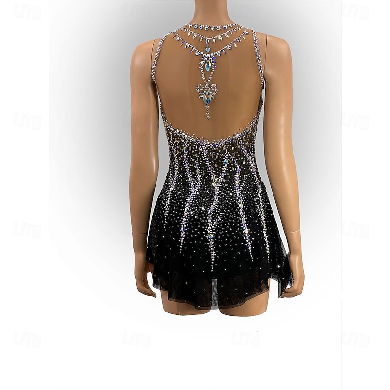 Figure Skating Dress Women's Girls' Ice Skating Dress Black Patchwork Asymmetric Hem Mesh High Elasticity Training Competition Skating Wear Classic Crystal / Rhinestone Sleeveless Ice Skating Figure4
