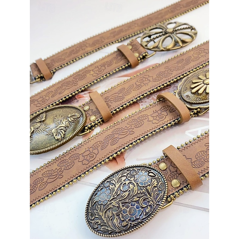 Women's Boho Floral Engraved Wide Leather Belt – Vintage Western Style with Antique Gold Flower Buckle, Adjustable Waistband for Dresses, Festivals and Daily Wear3