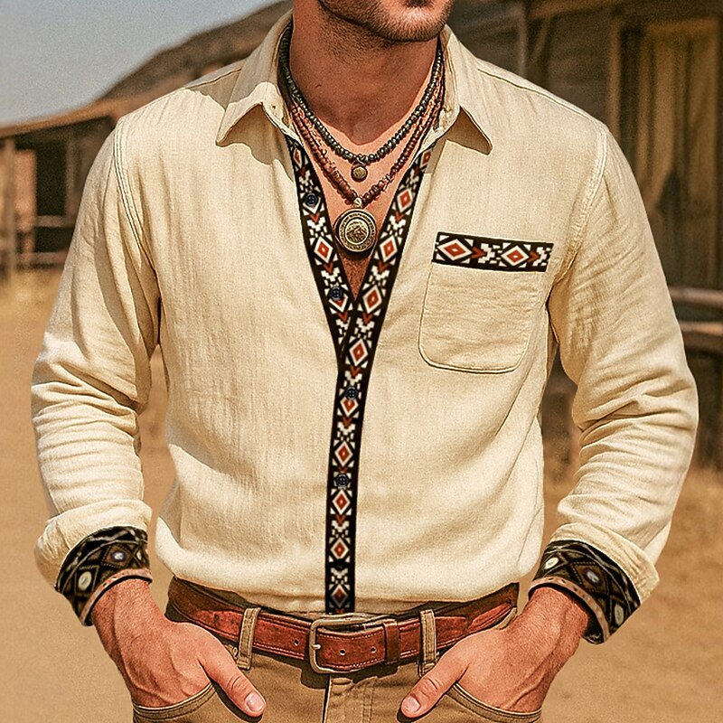 Men's Shirt Summer Shirt Beach Shirt Western Shirt Retro Shirts Vintage Shirt Solid Color Vacation Casual Khaki Long Sleeve All Seasons Clothing Apparel Patchwork2