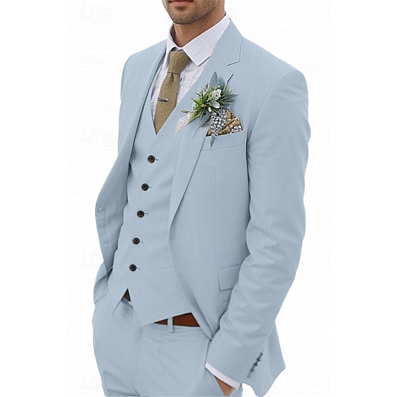 Men's Wedding Linen Suits Notch Sky Blue Sage Solid Colored Tailored Fit 3 Piece Single Breasted One-button