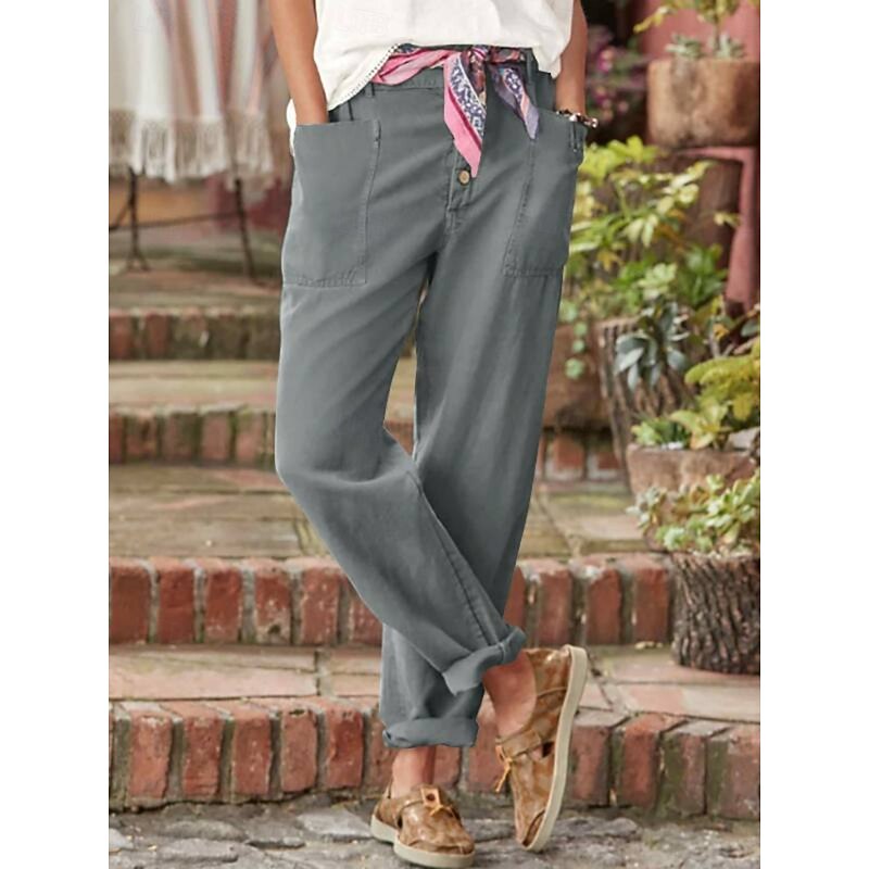 Women's Cotton Linen Baggy Pants Solid Color Chinos Basic Casual Full Length High Waist Medium Waist Plain Pocket Comfort Outdoor Micro-elastic Vacation Street Daily Army Green Grey Black Red