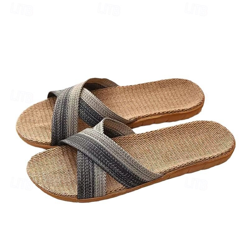 Tatami Slippers No-Slip Indoor Slippers Open Toe Men Flax Home Slippers Indoor Floor Shoes Cross Belt Silent Sweat-Absorbing and Breathable Slippers Open Toe Sandals3