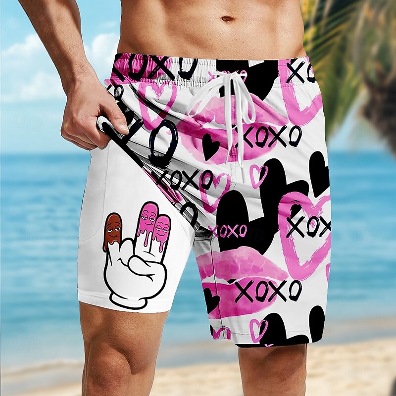 Men's Funny Lined Shorts 2 in 1 Board Shorts Swim Shorts Mid Waist Hawaiian Vacation Holiday Beach Wear Side Pockets With Compression Liner Elastic Drawstring Waist Designer Clothing Apparel3