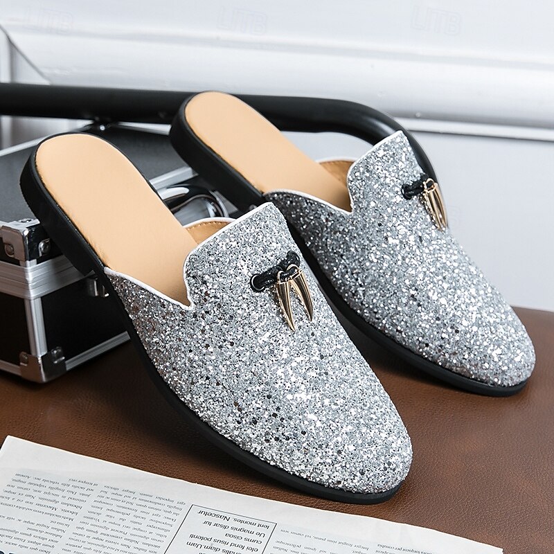 Men's Silver Glitter Tassel Mules – Sparkly Prom and Performance Backless Dress Shoes for Evening Events3