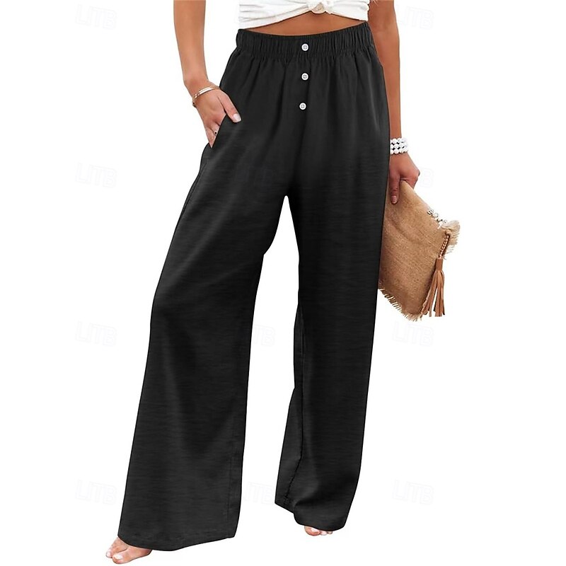 Women's Cotton Linen Pants Palazzo Pants Fashion Streetwear Comfort Full Length Mid Waist Plain Pocket Elastic Waist Comfy Outdoor Comfortable Street Daily Wear Going out Apricot Black Brown Army2