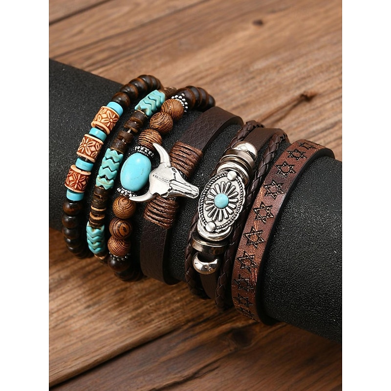 Men's Leather Beaded Western Bracelet Set with Turquoise Stones, Cow Skull Design, Boho Style for Casual and Outdoor Wear