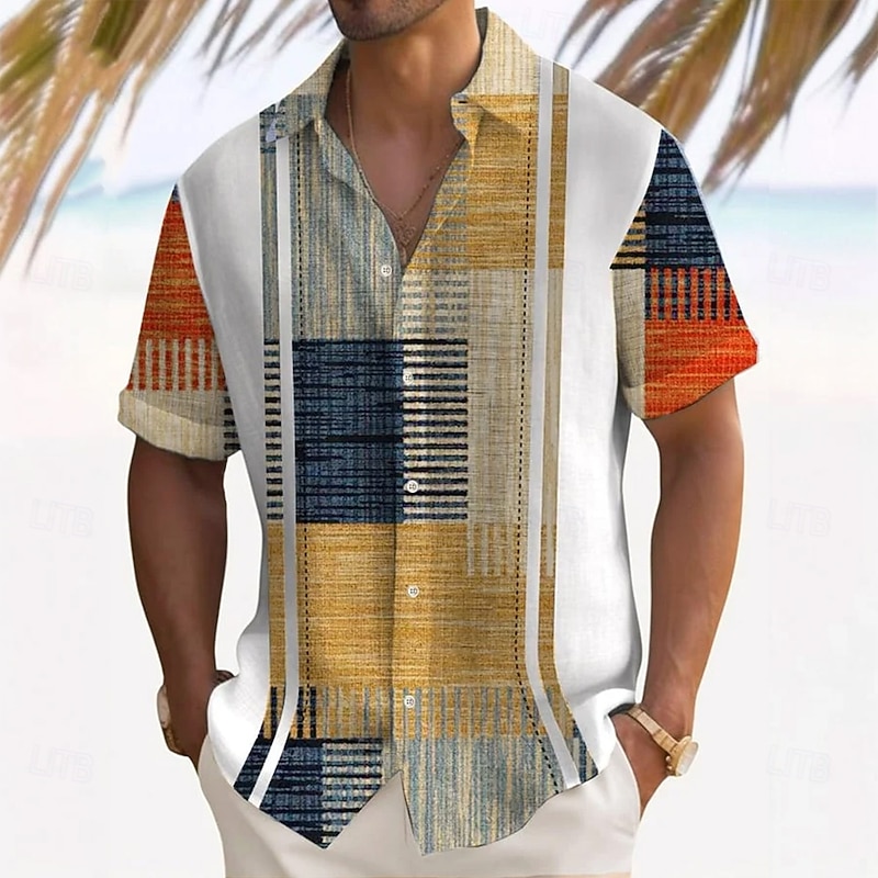 Men's Geometric Color Block Patchwork Shirt Summer Shirt Button Up Shirt Short Sleeve Fashion Casual Outdoor Vacation Dailywear Summer Spring Turndown 3D Print Collared Shirts Yellow Blue