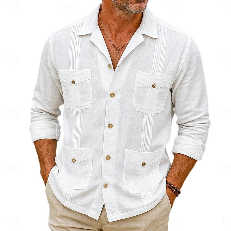 Men's Shirt Linen Shirt Guayabera Shirt Summer Shirt Beach Shirt Button Up Shirt Plain Vacation Casual White Long Sleeve Collar Summer Spring & Summer Clothing Apparel Pocket3
