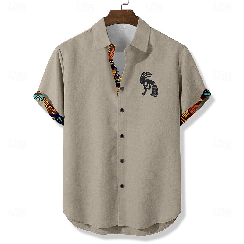 Men's Aztec Ethnic Kokopelli Shirt Summer Shirt Button Up Shirt Short Sleeve Vintage Retro Vacation Dailywear Beach Wear Summer Spring Turndown 3D Print Linen Like Shirt Blue Green Khaki2