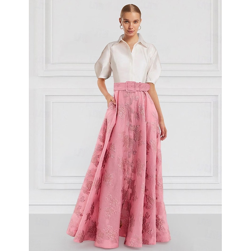 A-Line Mother of the Bride Evening Gown Elegant Dress Formal Wedding Guest Floor Length Half Sleeve Shirt Collar Belt / Sash Nylon with Floral Print Wedding Guest Dress2