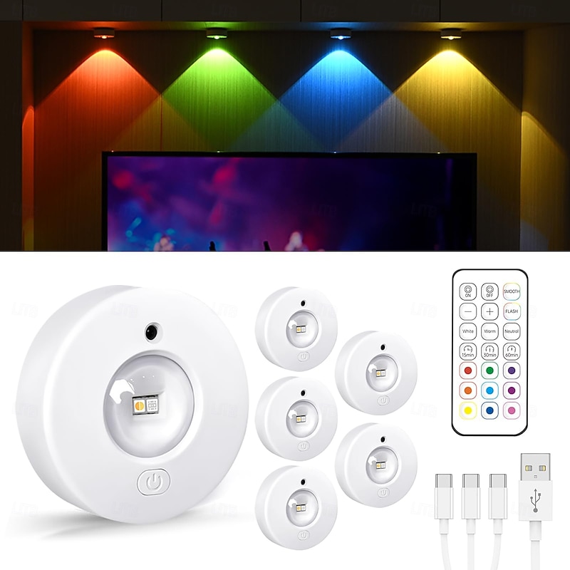 1 Pc RGB dimmable rechargeable magnetic spotlight cabinet light wardrobe wine cabinet light mural light wiring free remote control control cat eye light ice hockey light dimmable timer