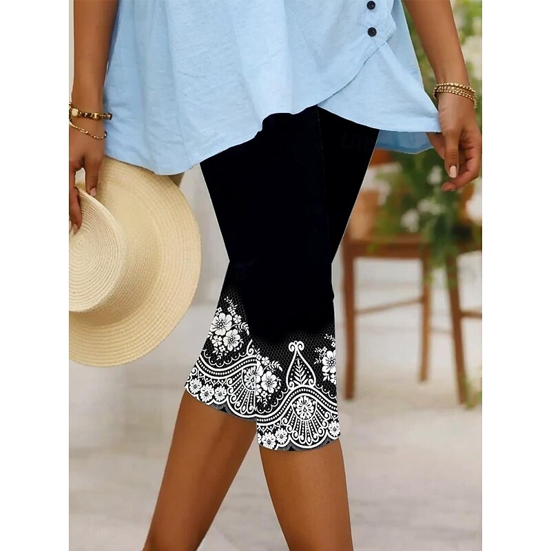 Women's Leggings Capri Pants High Elasticity Vacation Vintage Fashion Calf-Length Mid Waist Floral Graphic Printing Breathable Soft Stretchy Formal Vacation Street Robin's Egg Blue Black Dark Navy2