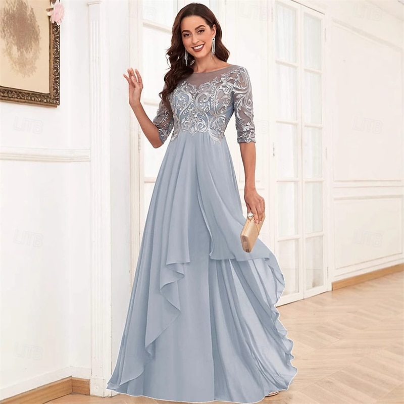 Dress Mother of the Bride Dress Elegant Simple Crew Neck Floor Length Chiffon Half Sleeve with Solid Color