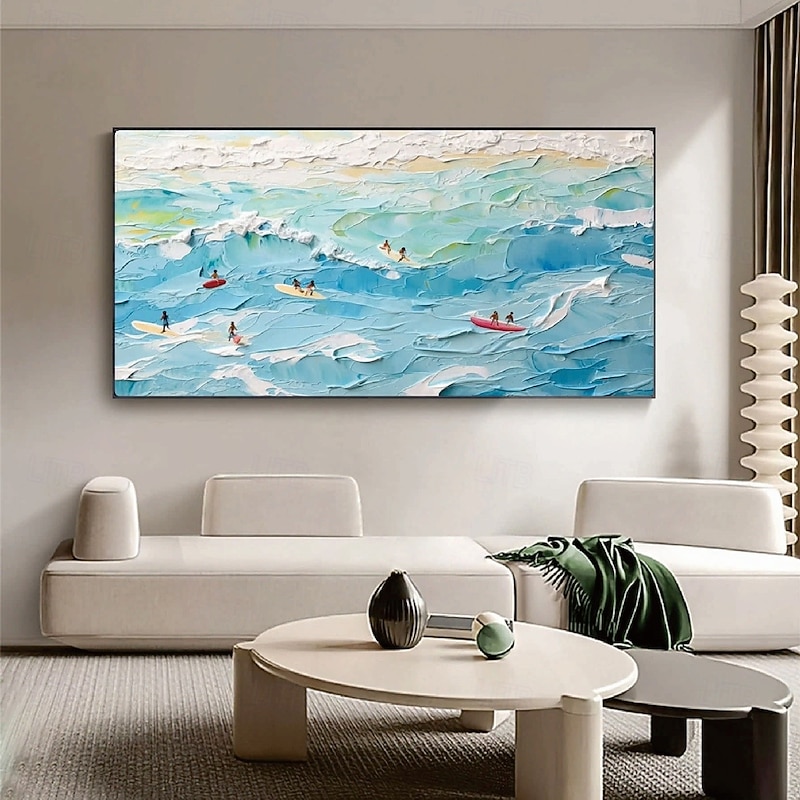 wave oil painting handmade Light Blue Ocean Seascape Sailboat oil paintings Wall Art Abstract Beach Seascape Painting On Canvas painting for Living room Huge Extra Large paintings Wall Art Decor2
