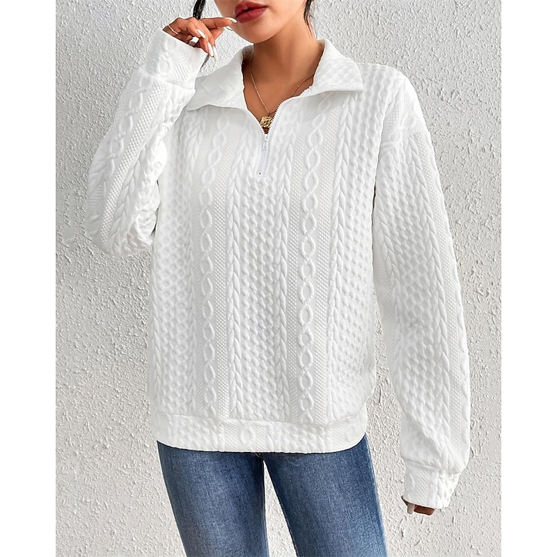 Women's Shirt Texture Sweatshirt Dressy Tops Plain Stylish Modern Long Sleeve Shirt Collar Regular Tops Daily Holiday Quarter Zip White Spring Fall2