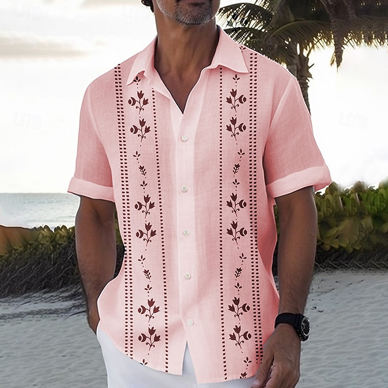 Men's Tropical Plants Linen Shirt Summer Hawaiian Shirt Button Up Shirt Short Sleeve Hawaiian Resort Vacation Holiday Beach Wear Summer Spring Turndown 3D Print Collared Shirts White Pink Green2