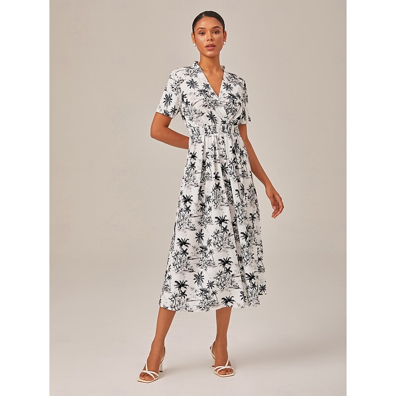 Black & White Beach Print Vacation-Style Midi Dress