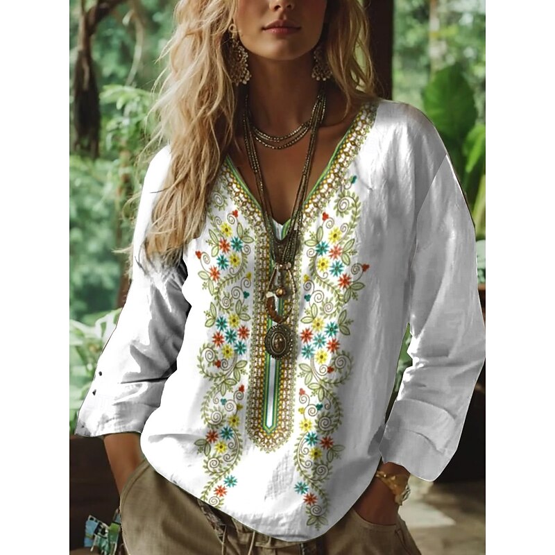 Women's Boho Blouse Floral Graphic Paisley Bohemia Vintage Tropical 3/4 Length Sleeve V Neck Regular Tops White Green Summer Spring