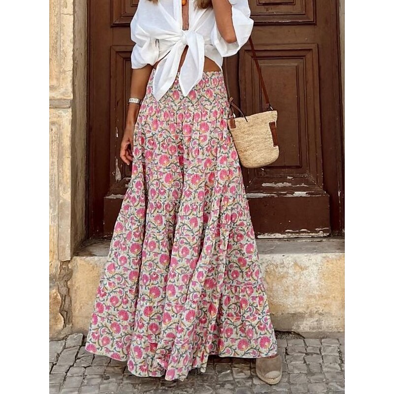 Women's Skirt Maxi Skirt A Line Swing Bohemia Casual Maxi High Waist Skirts Floral Pocket Print Micro-elastic Street Daily Pink Fuchsia Summer Polyester Cotton Blend4