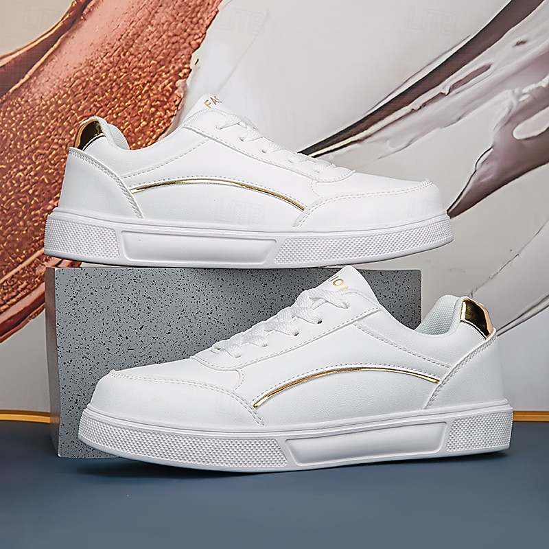 Men's White Sneakers - Faux Leather Material with Gold Accents, Stylish Design for Daily Wear and Casual Events3