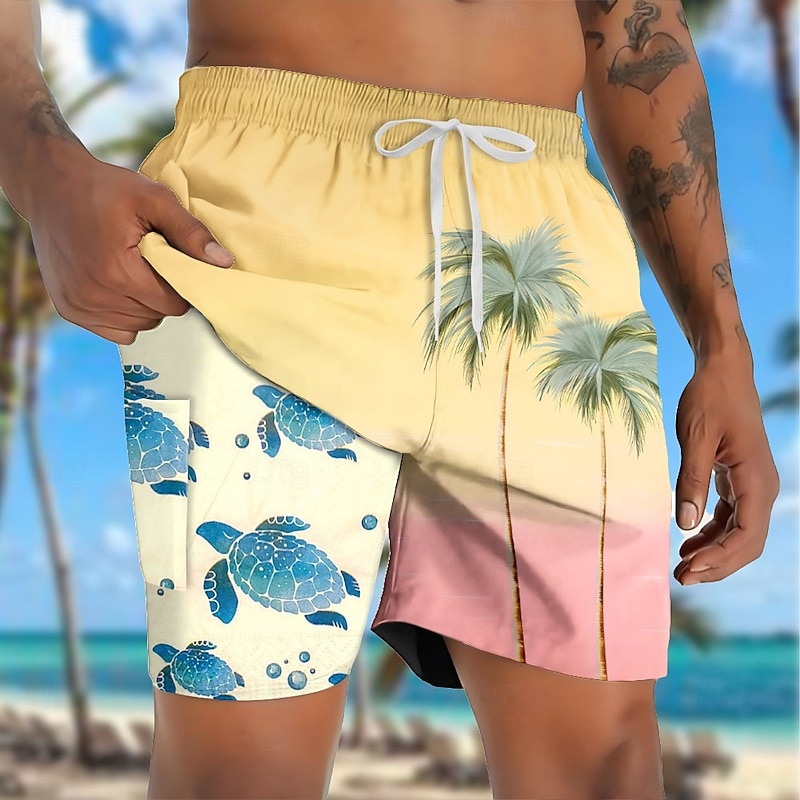 Men's Coconut Tree Turtles Tropical Plants Lined Shorts 2 in 1 Board Shorts Swim Shorts Mid Waist Hawaiian Vacation Side Pockets With Compression Liner Elastic Drawstring Waist Designer Clothing