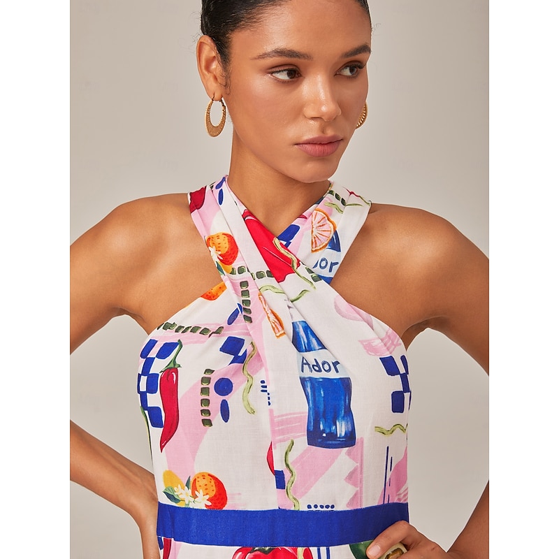 Tropical Fruit And Vegetable Print Halter Neck Long Dress3