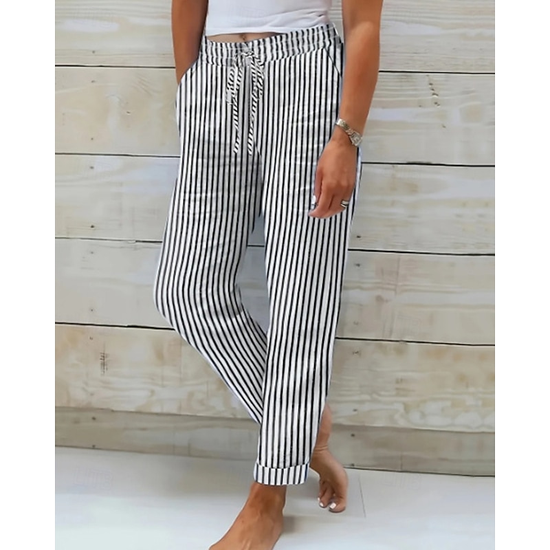 Women's Cotton Linen Pants Slacks Fashion Streetwear Comfort Ankle-Length Mid Waist Stripe Elastic Waist Comfy Outdoor Comfortable Street Daily Wear Going out Black Blue Summer Spring Regular Fit