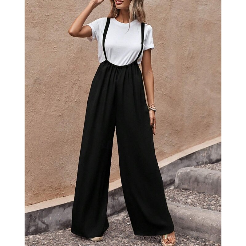 Women's Normal Jumpsuit Stylish Solid Color Sleeveless Wide Leg Drawstring Office Business Regular Fit Black Summer4